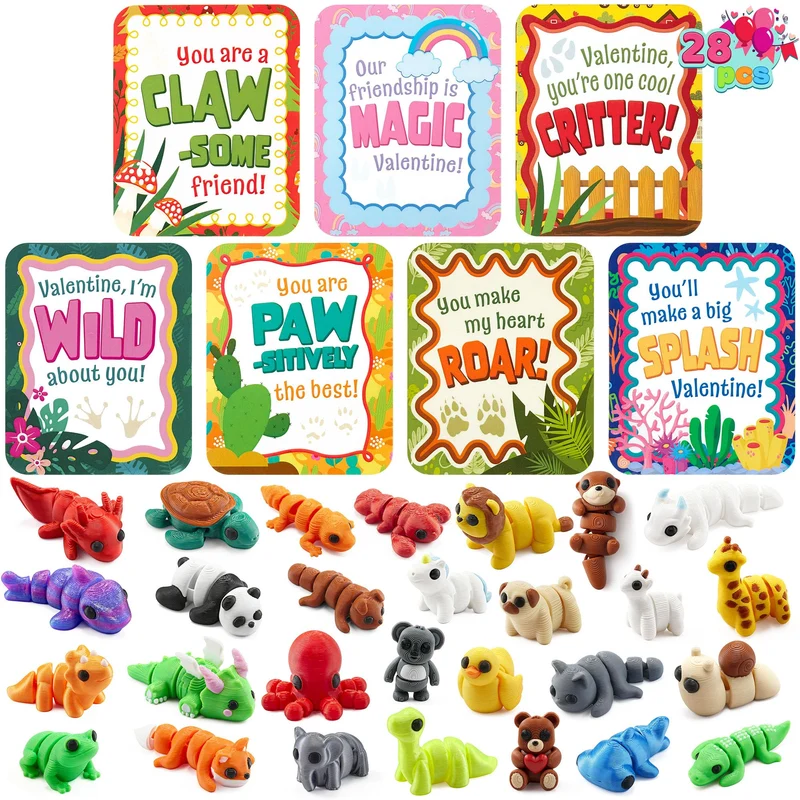 28 Pcs 3D Printed Mini Animals with Valentine Greeting Cards for Kids