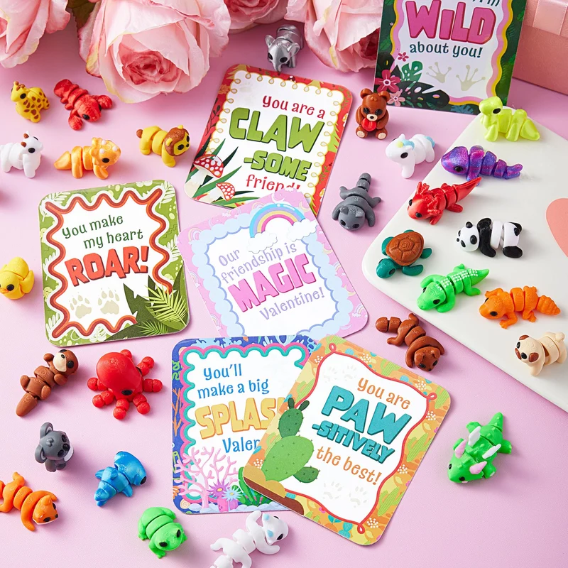 28 Pcs 3D Printed Mini Animals with Valentine Greeting Cards for Kids