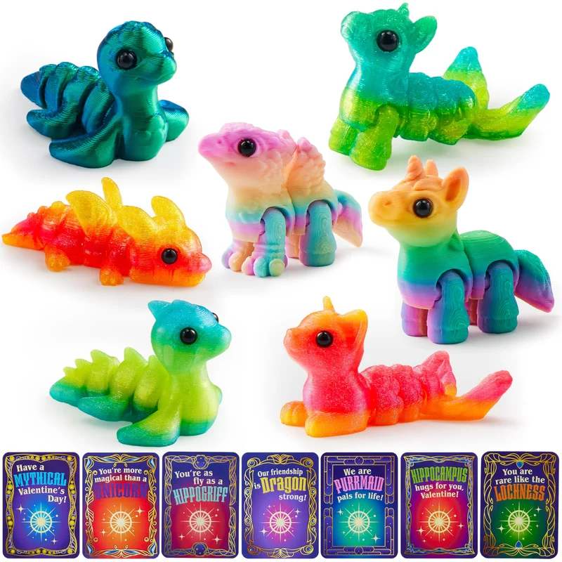 28 Pcs Kids Valentines Day Cards with 3D Printed Mythical Creatures Toys