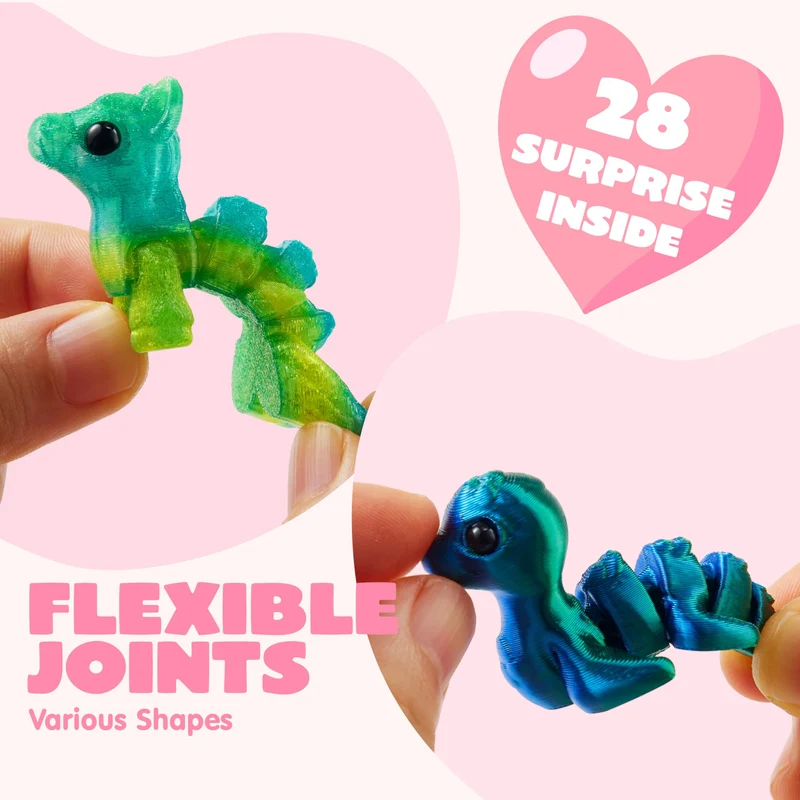 28 Pcs Kids Valentines Day Cards with 3D Printed Mythical Creatures Toys