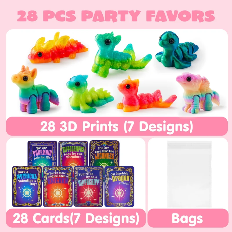 28 Pcs Kids Valentines Day Cards with 3D Printed Mythical Creatures Toys