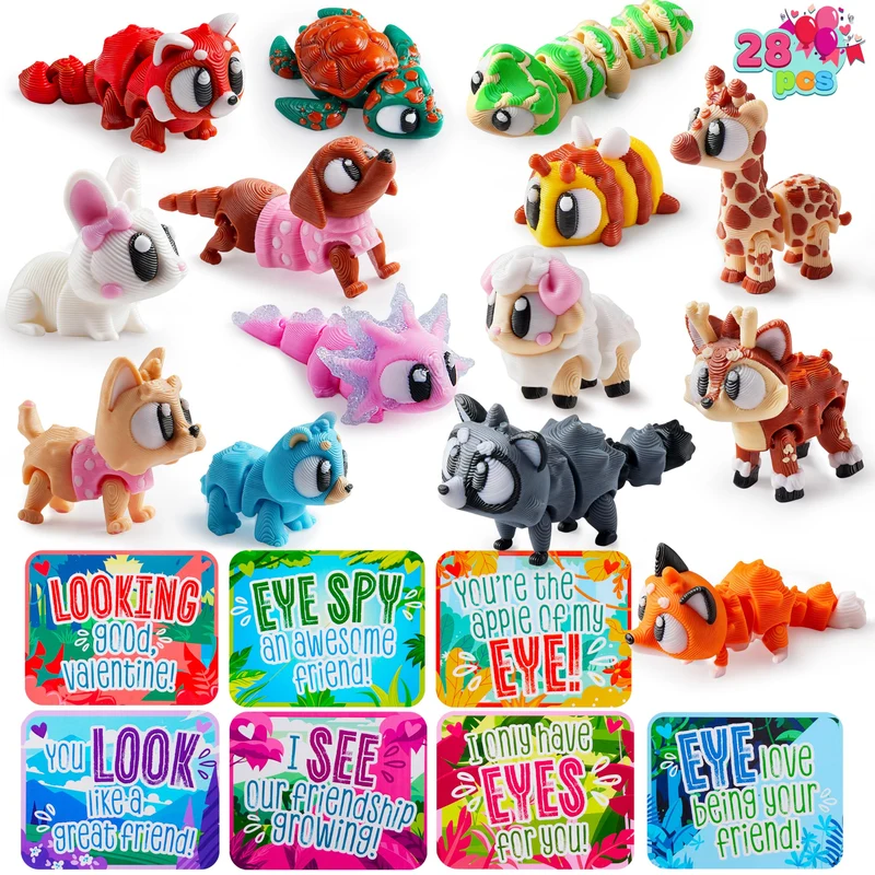 28 Pcs Kids Valentine's Day Cards with 3D Printed Mini Big Eyes Toys