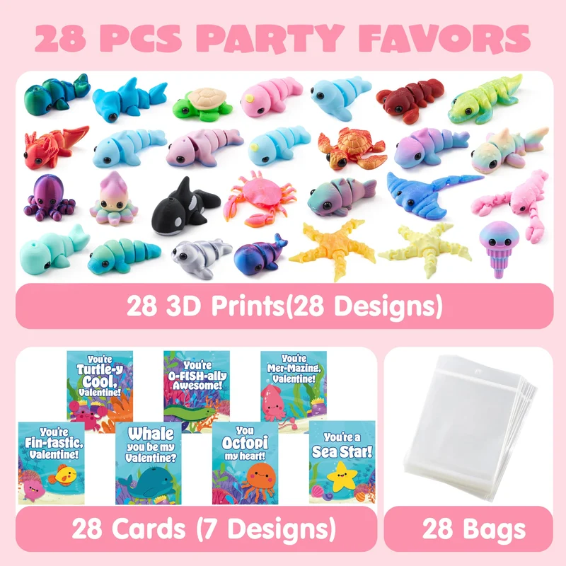 28PCS Valentines Day Gift Cards with 3D Printed Ocean Animals for Kids