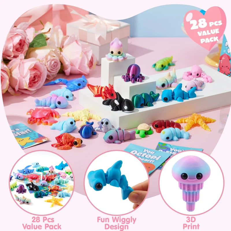 28PCS Valentines Day Gift Cards with 3D Printed Ocean Animals for Kids
