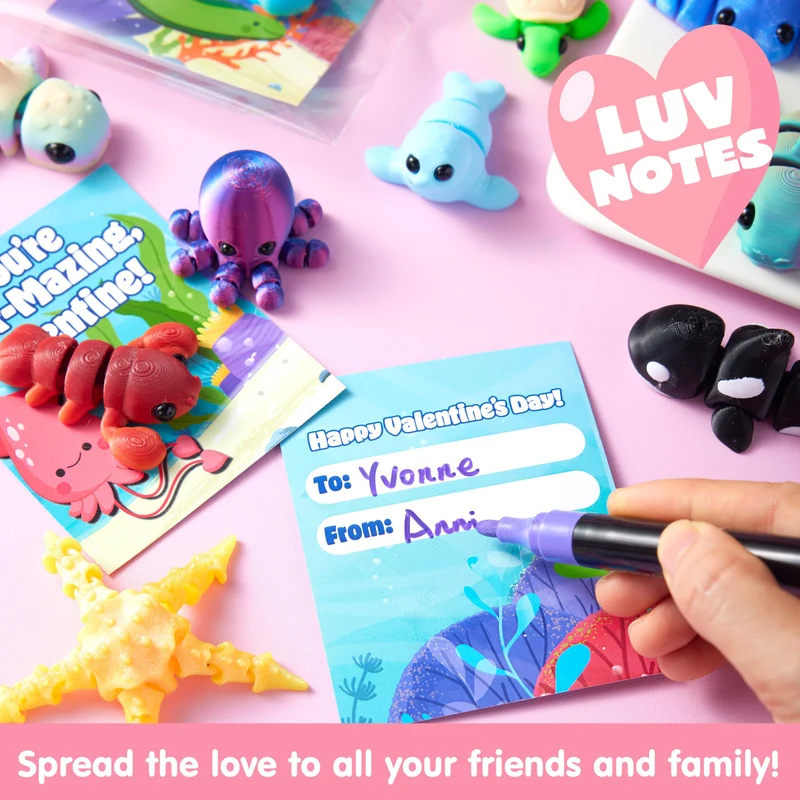 28PCS Valentines Day Gift Cards with 3D Printed Ocean Animals for Kids