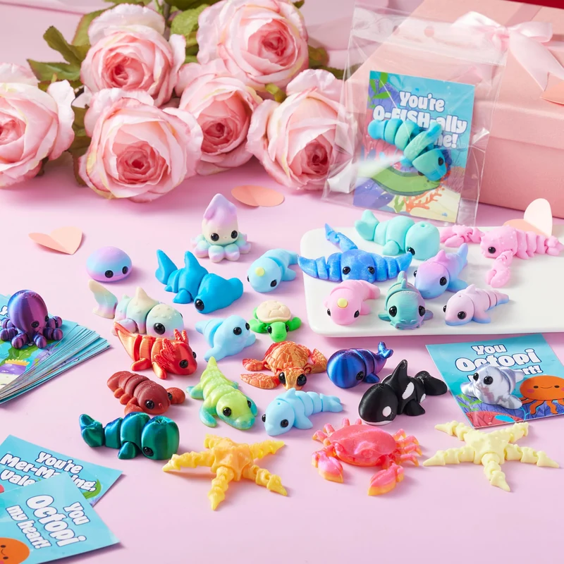 28PCS Valentines Day Gift Cards with 3D Printed Ocean Animals for Kids