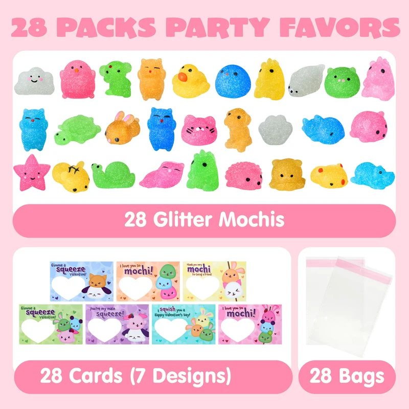 JOYIN 28 Packs Valentines Day Party Cute Mochi Squishy Toy with Valentines Day Cards for Kids