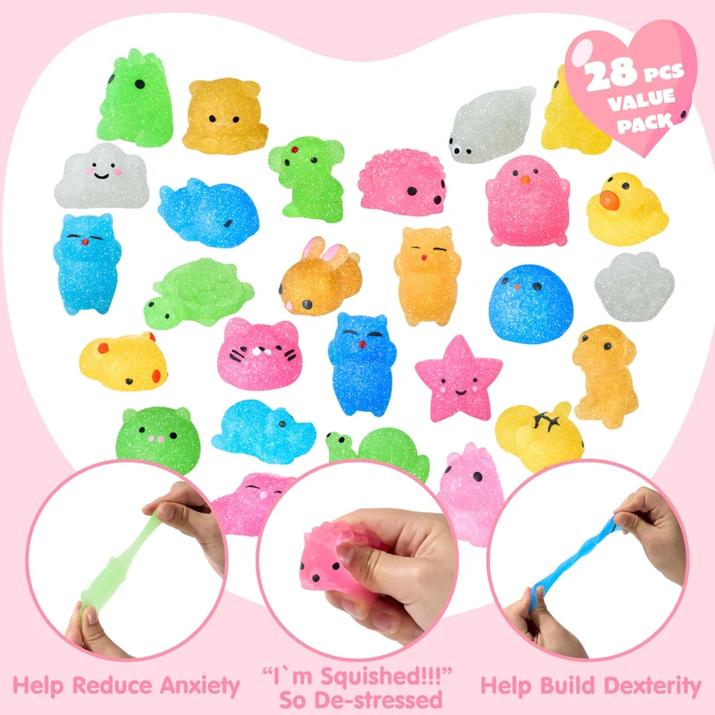 JOYIN 28 Packs Valentines Day Party Cute Mochi Squishy Toy with Valentines Day Cards for Kids