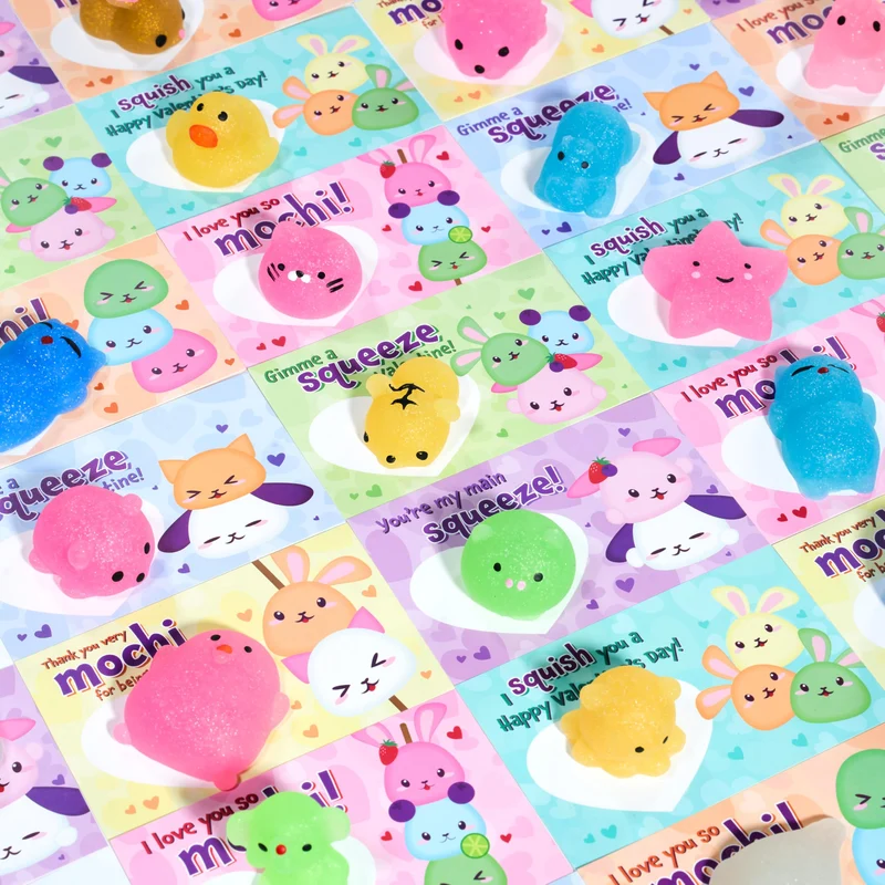 JOYIN 28 Packs Valentines Day Party Cute Mochi Squishy Toy with Valentines Day Cards for Kids