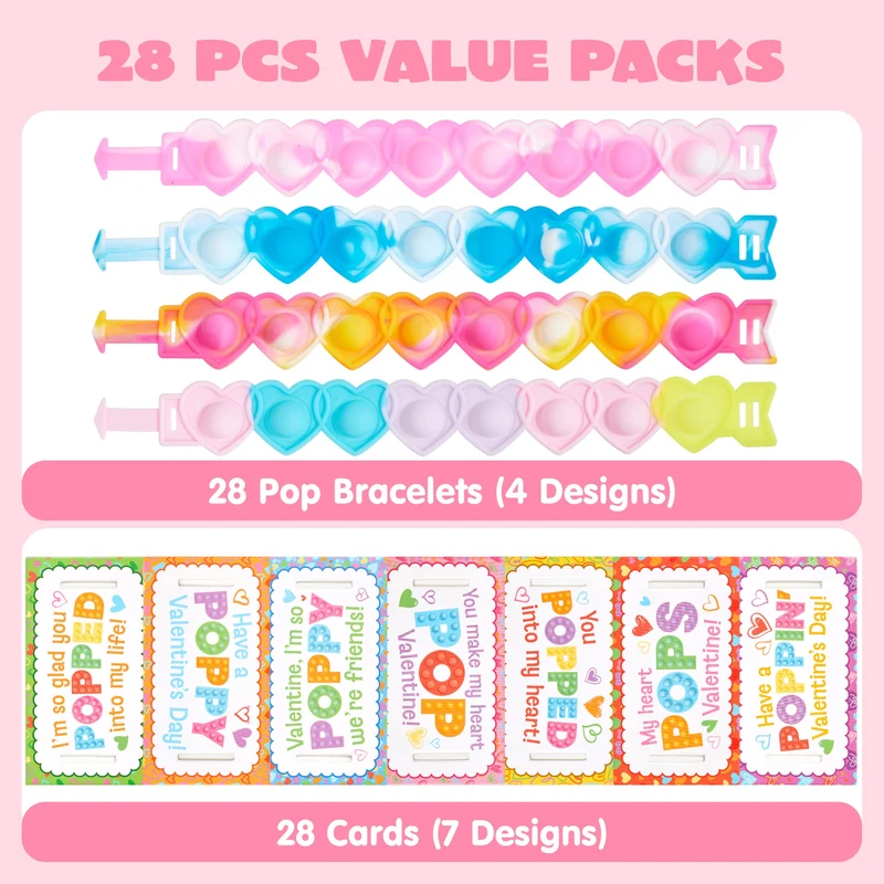 JOYIN 28 PCS Valentine's Day Stress Relief Pop Bubble Fidget Toys with Heart Pop Fidget Bracelets