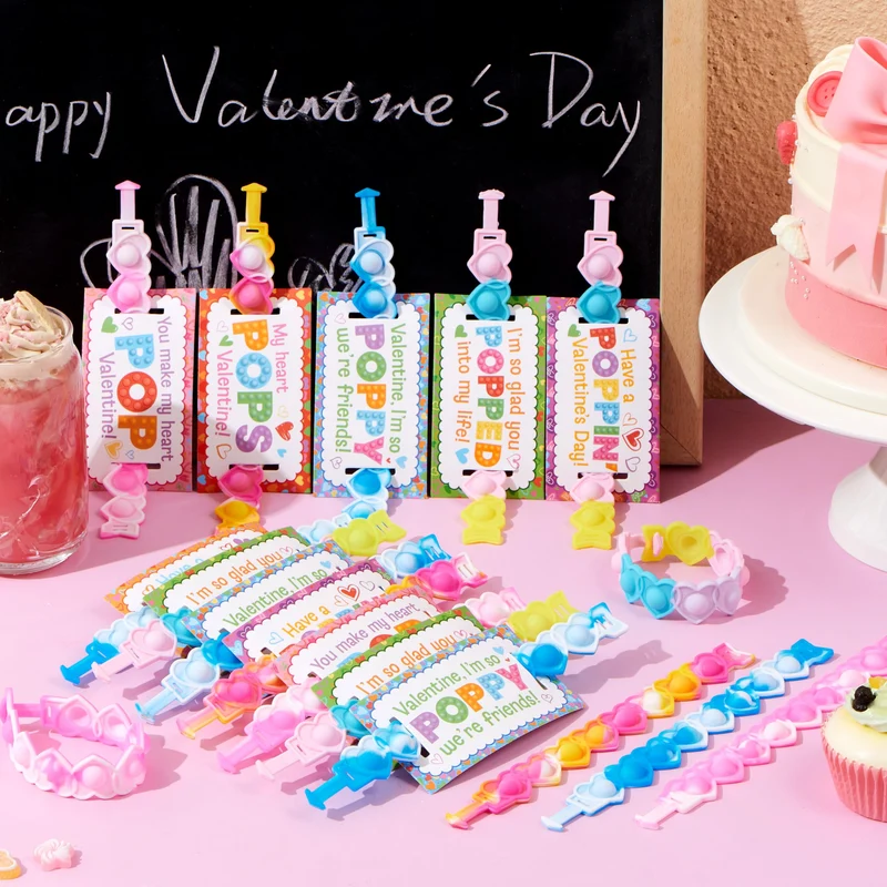 JOYIN 28 PCS Valentine's Day Stress Relief Pop Bubble Fidget Toys with Heart Pop Fidget Bracelets