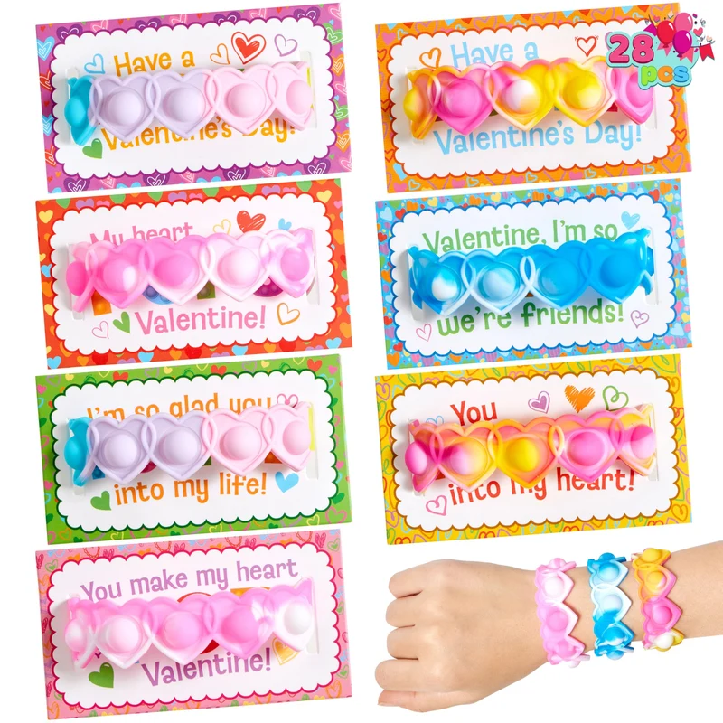 JOYIN 28 PCS Valentine's Day Stress Relief Pop Bubble Fidget Toys with Heart Pop Fidget Bracelets
