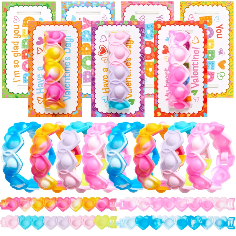 JOYIN 28 PCS Valentine's Day Stress Relief Pop Bubble Fidget Toys with Heart Pop Fidget Bracelets