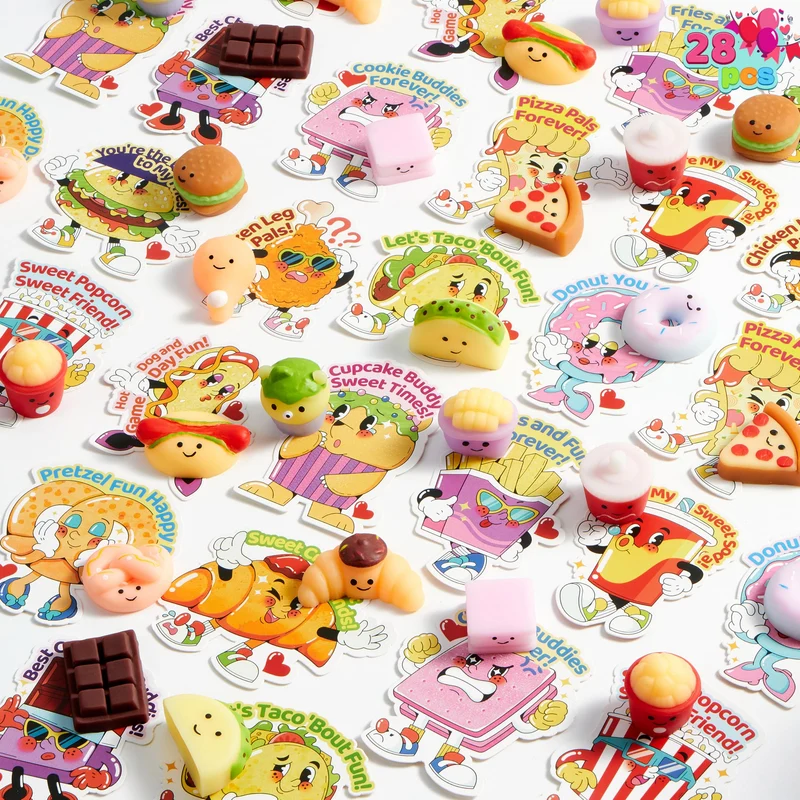 JOYIN 28 Packs Valentines 14 Designs Kawaii Desserts Style Stress Relief Fidget Toy with Card