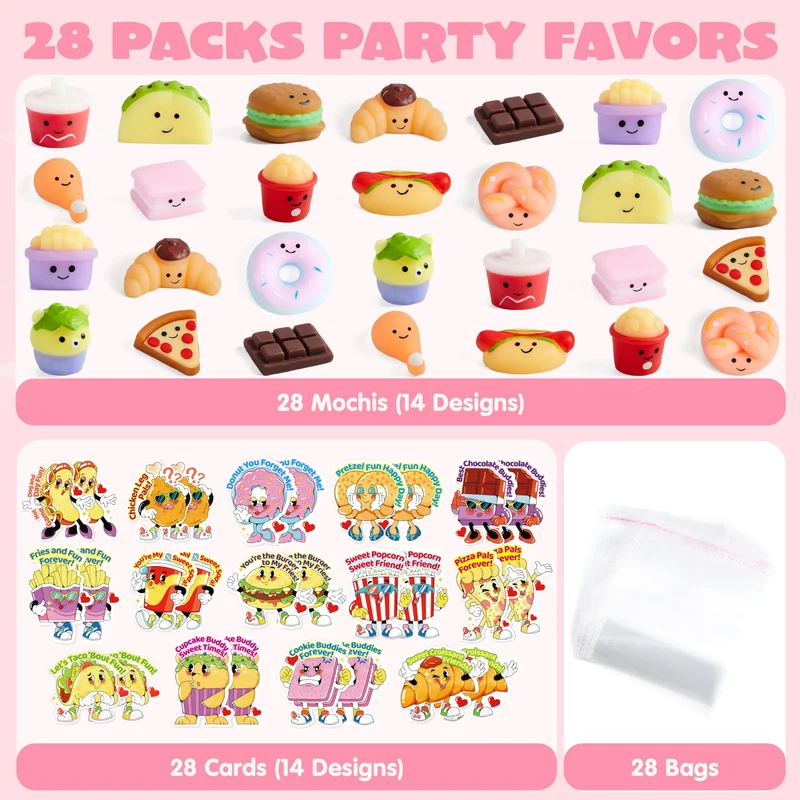 JOYIN 28 Packs Valentines 14 Designs Kawaii Desserts Style Stress Relief Fidget Toy with Card