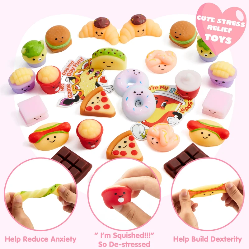 JOYIN 28 Packs Valentines 14 Designs Kawaii Desserts Style Stress Relief Fidget Toy with Card