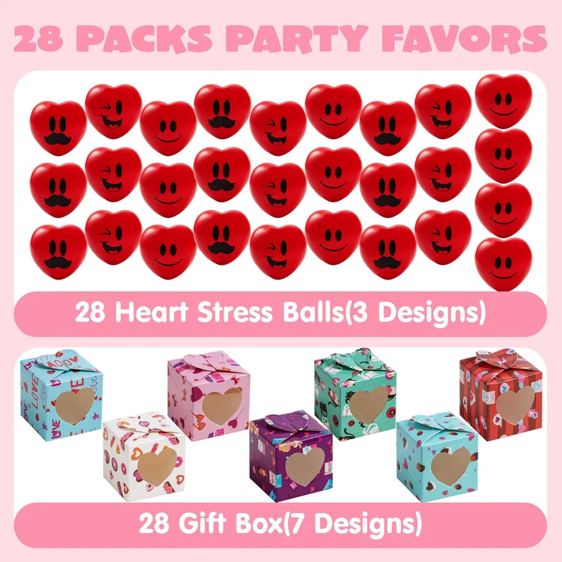 JOYIN 28 Packs Valentine Heart Stress Balls Smile Face Squishy Toys with Valentine Themed Gift Box