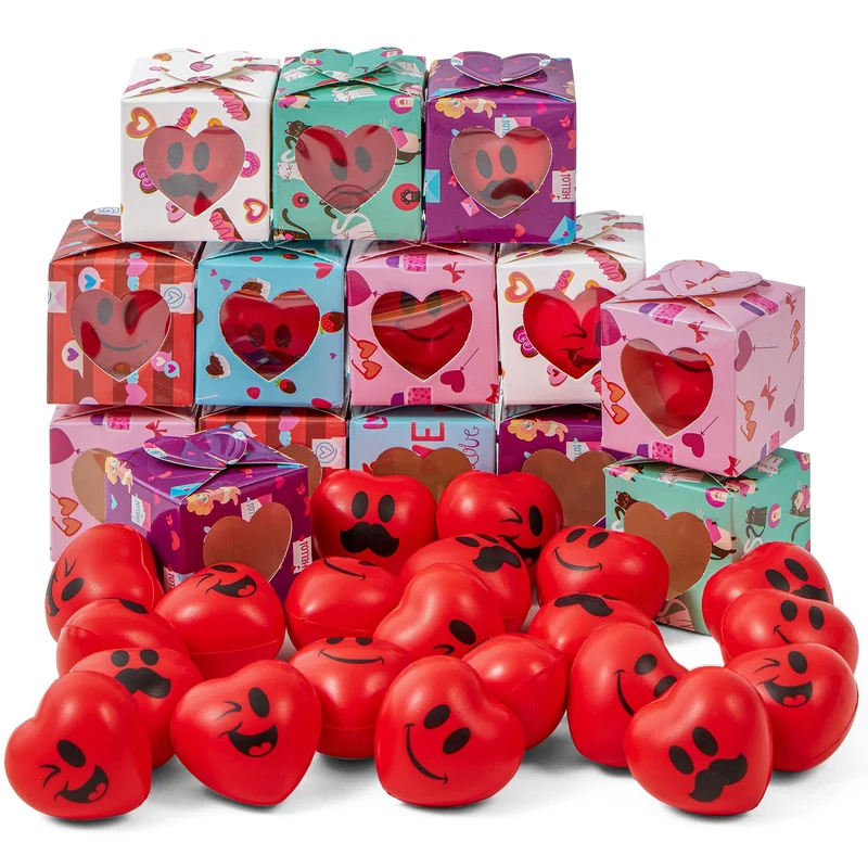 JOYIN 28 Packs Valentine Heart Stress Balls Smile Face Squishy Toys with Valentine Themed Gift Box