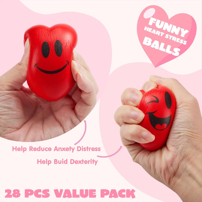 JOYIN 28 Packs Valentine Heart Stress Balls Smile Face Squishy Toys with Valentine Themed Gift Box