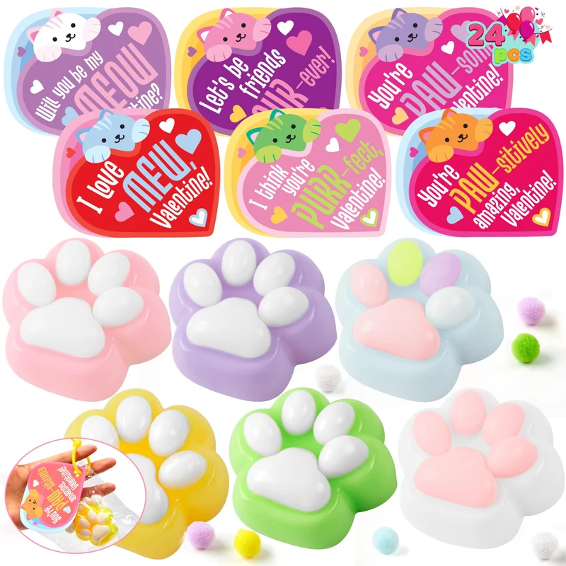 JOYIN 24 PCS Valentine's Day 2" Cat Paw Fidget Toys (6 Colors) with Cards