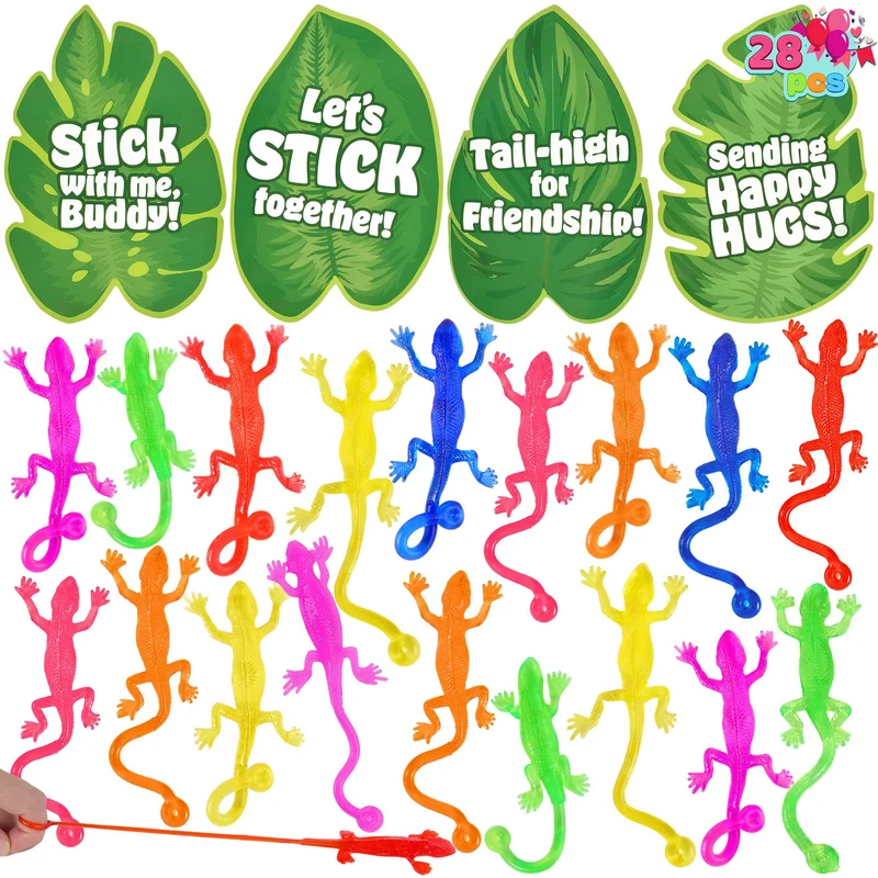 JOYIN 28 Pcs 3" Valentine’s Day Sticky Lizards with Cards for Kids in 7 Colors & 4 Card Designs