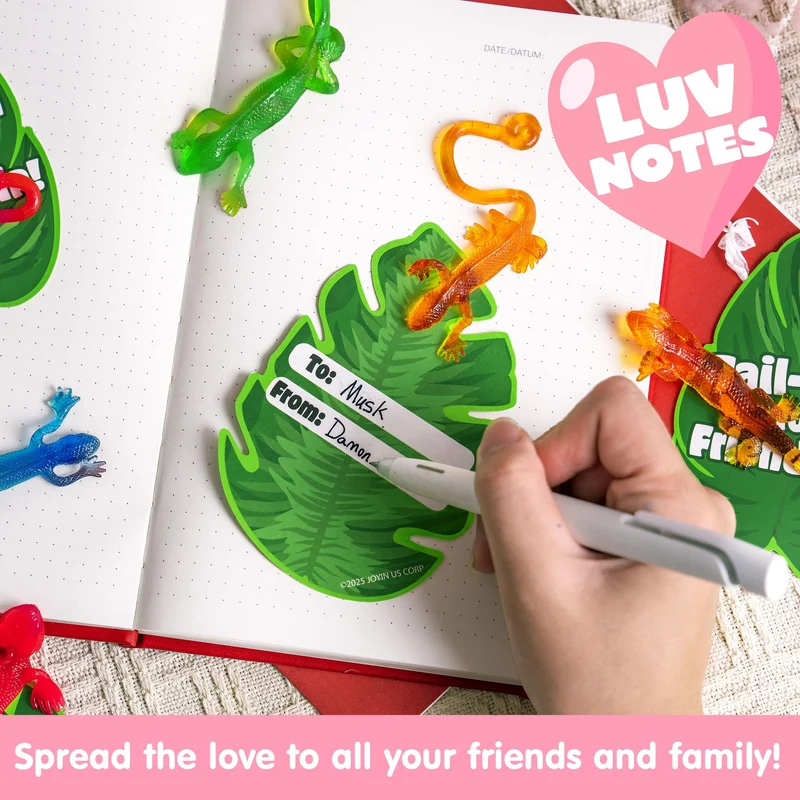 JOYIN 28 Pcs 3" Valentine’s Day Sticky Lizards with Cards for Kids in 7 Colors & 4 Card Designs