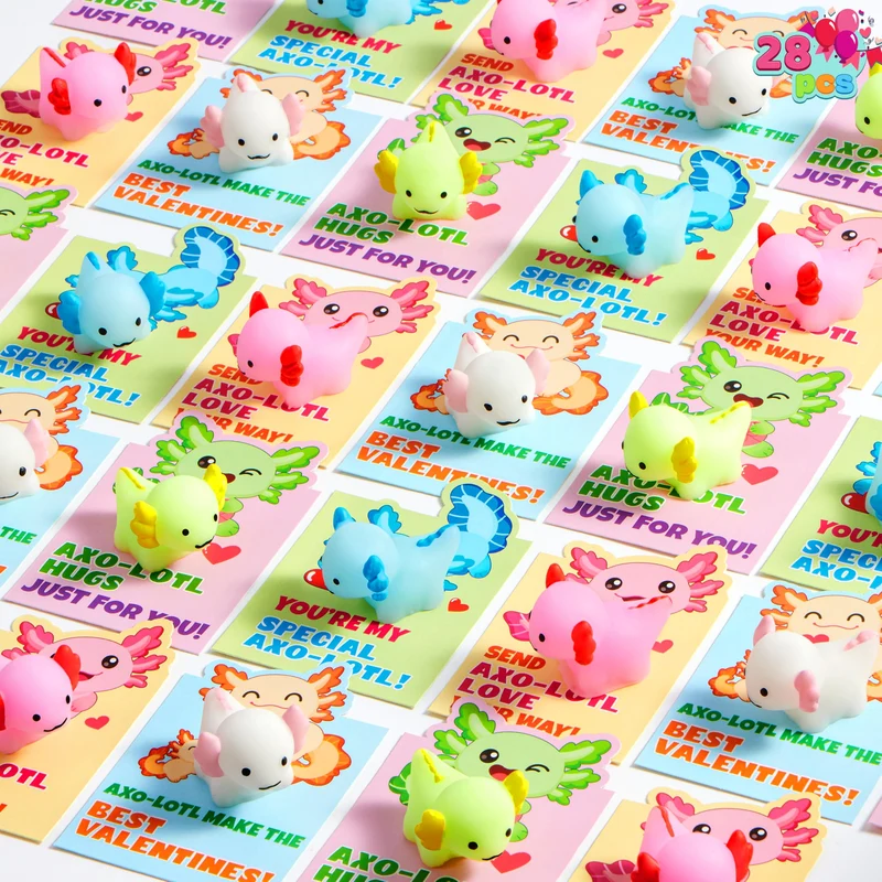 JOYIN 28 Packs Valentines Style Axolotl Mochi Squishy Toy with Funny Valentines Day Cards for Kids