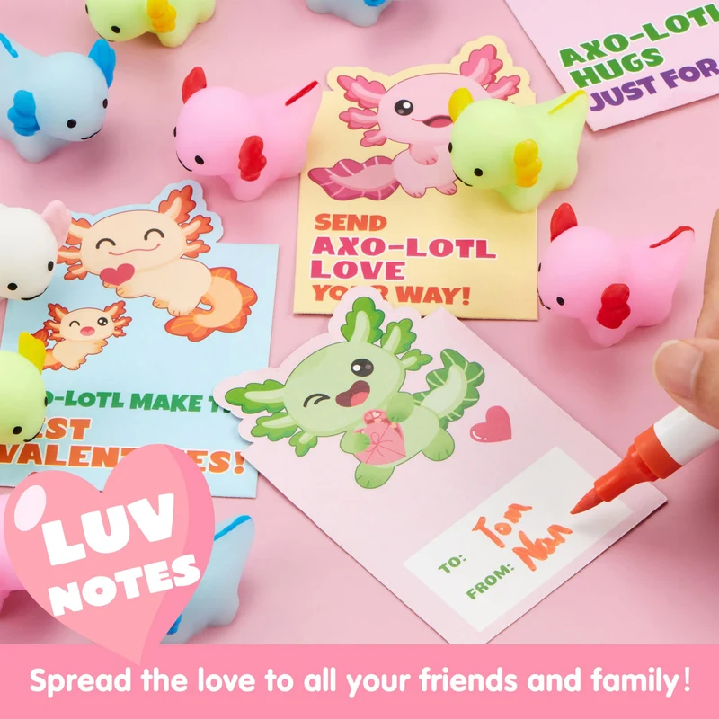 JOYIN 28 Packs Valentines Style Axolotl Mochi Squishy Toy with Funny Valentines Day Cards for Kids