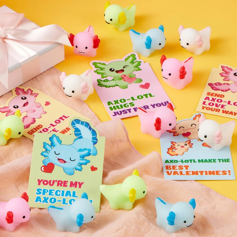 JOYIN 28 Packs Valentines Style Axolotl Mochi Squishy Toy with Funny Valentines Day Cards for Kids