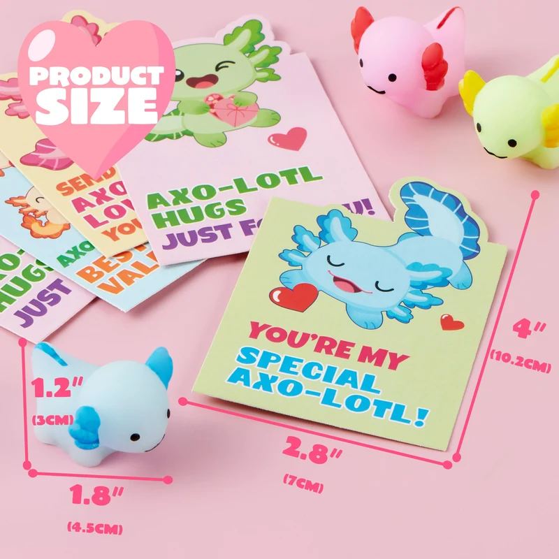 JOYIN 28 Packs Valentines Style Axolotl Mochi Squishy Toy with Funny Valentines Day Cards for Kids