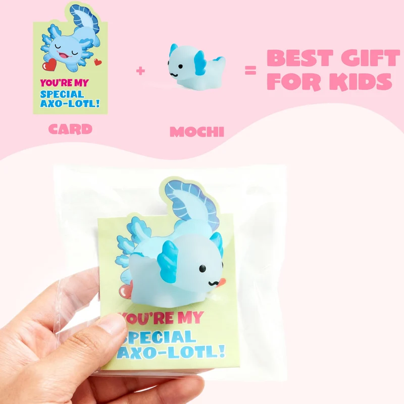 JOYIN 28 Packs Valentines Style Axolotl Mochi Squishy Toy with Funny Valentines Day Cards for Kids