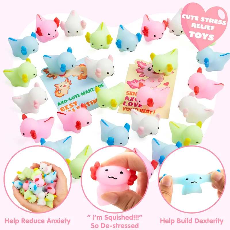 JOYIN 28 Packs Valentines Style Axolotl Mochi Squishy Toy with Funny Valentines Day Cards for Kids