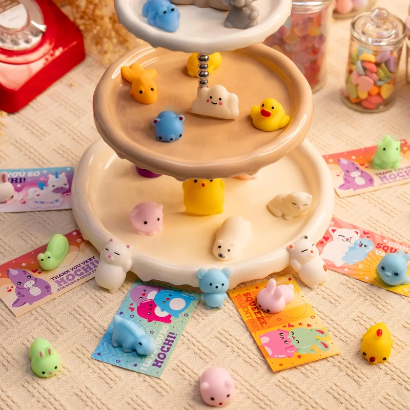 JOYIN 28 Packs Valentines Day Mochi Squishy Toy Stress Relief Gift Cards for Kids
