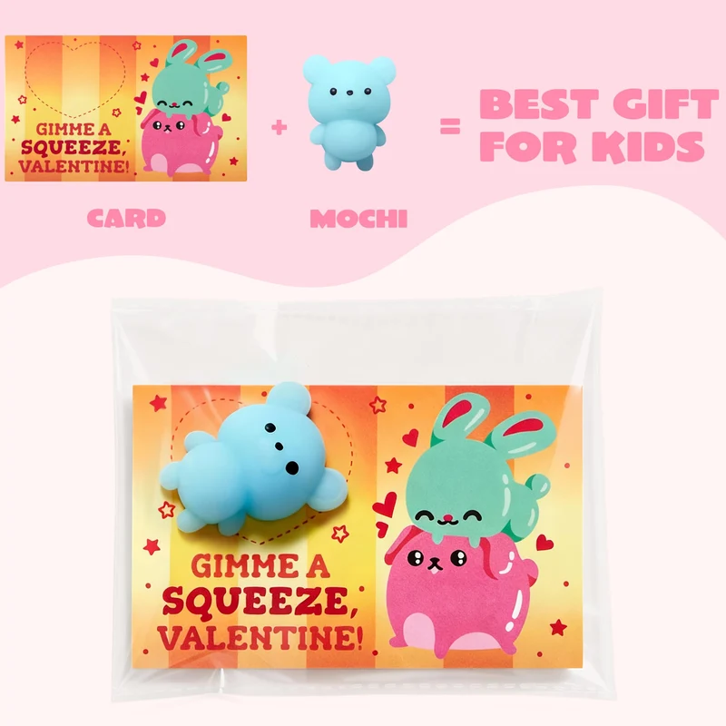 JOYIN 28 Packs Valentines Day Mochi Squishy Toy Stress Relief Gift Cards for Kids