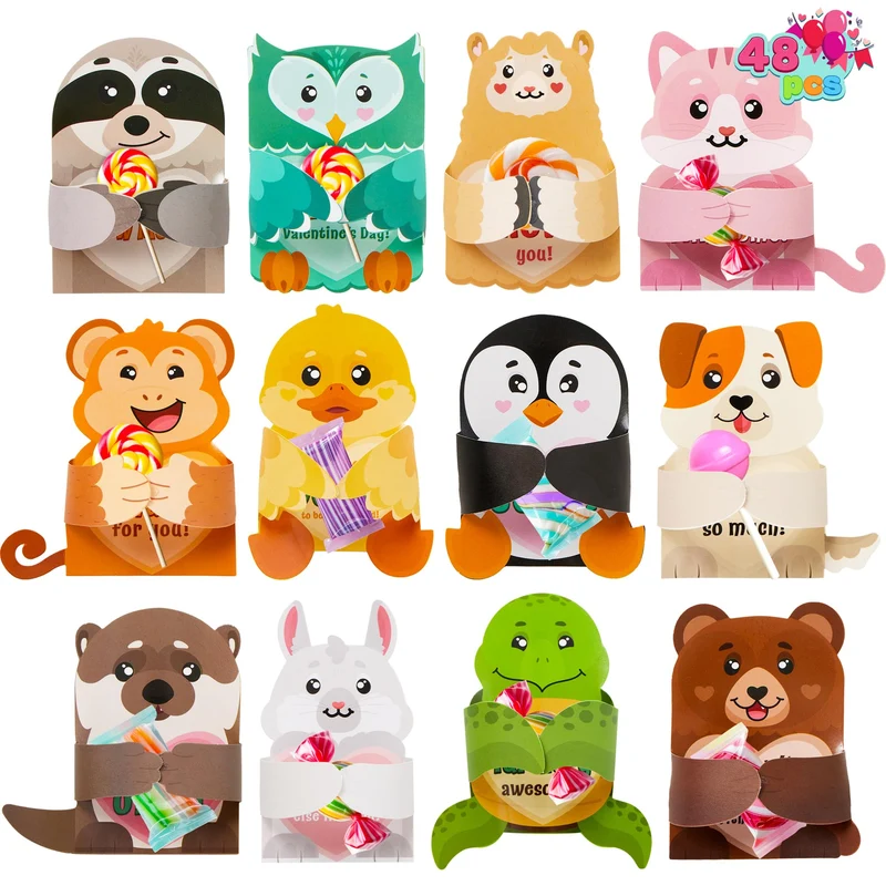 JOYIN 48 Pcs Valentine’s Greeting Cards Candy Holder Cards for Kids Holiday Reward Prizes