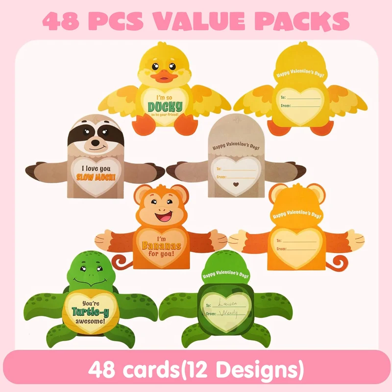 JOYIN 48 Pcs Valentine’s Greeting Cards Candy Holder Cards for Kids Holiday Reward Prizes