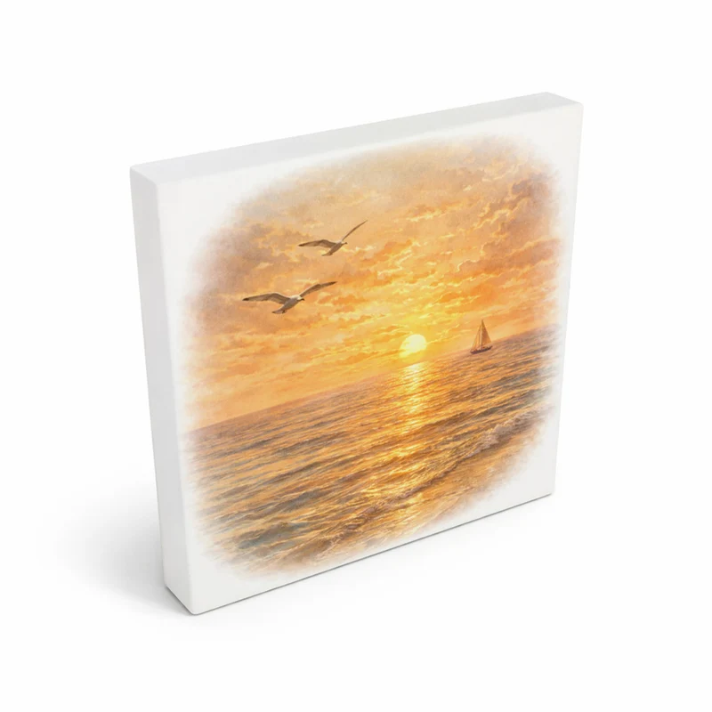 Sonnenuntergang Idylle Meer Sonnenuntergang Holzbild in 10x10 cm zum Stellen oder Aufhängen
