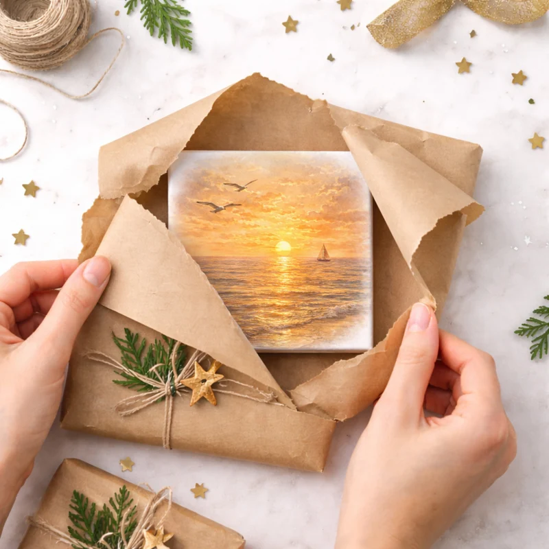 Sonnenuntergang Idylle Meer Sonnenuntergang Holzbild in 10x10 cm zum Stellen oder Aufhängen