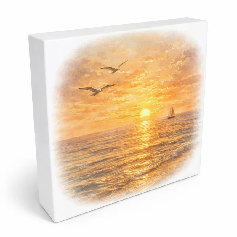 Sonnenuntergang Idylle Meer Sonnenuntergang Holzbild in 10x10 cm zum Stellen oder Aufhängen