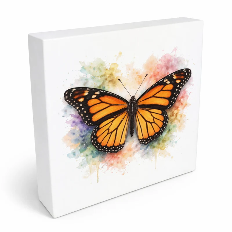 Schmetterlingszauber Monarchfalter Holzbild in 10x10 cm zum Stellen oder Aufhängen