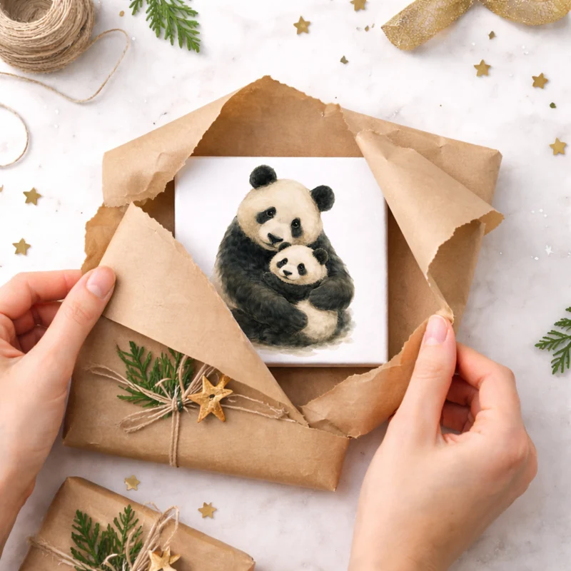 Pandaglück Panda Muttertier Holzbild in 10x10 cm zum Stellen oder Aufhängen
