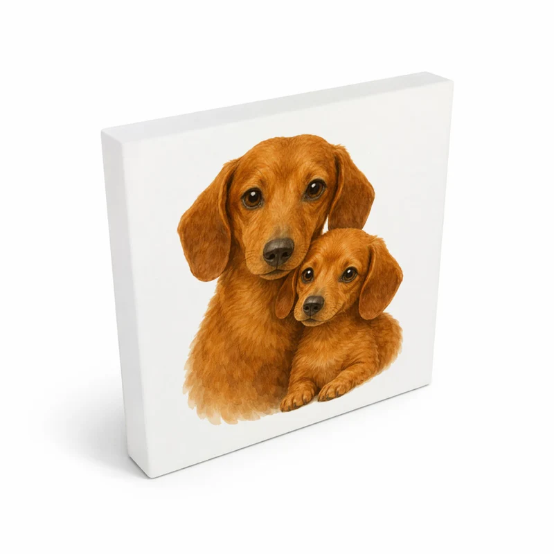 Dackelträume Dackel mit Welpe Holzbild in 10x10 cm zum Stellen oder Aufhängen