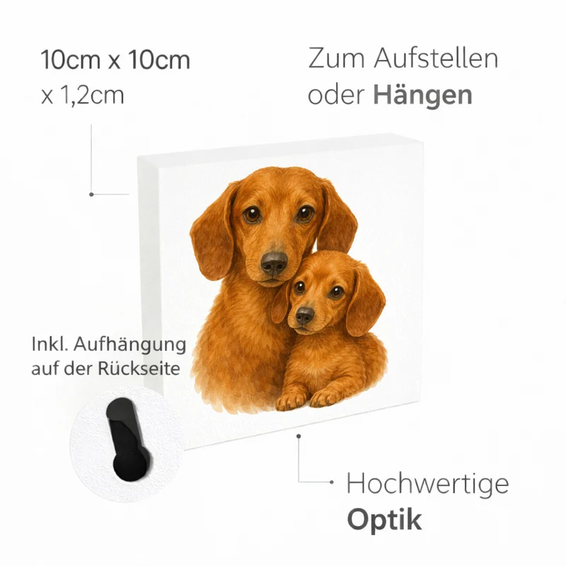 Dackelträume Dackel mit Welpe Holzbild in 10x10 cm zum Stellen oder Aufhängen