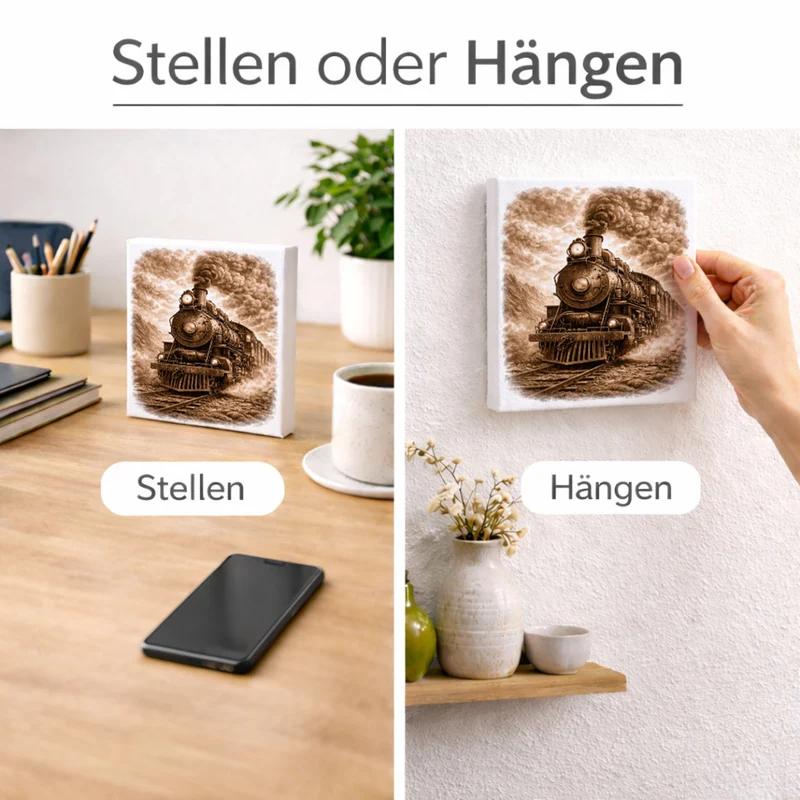 Vintage Energy Dampflok Holzbild in 10x10 cm zum Stellen oder Aufhängen