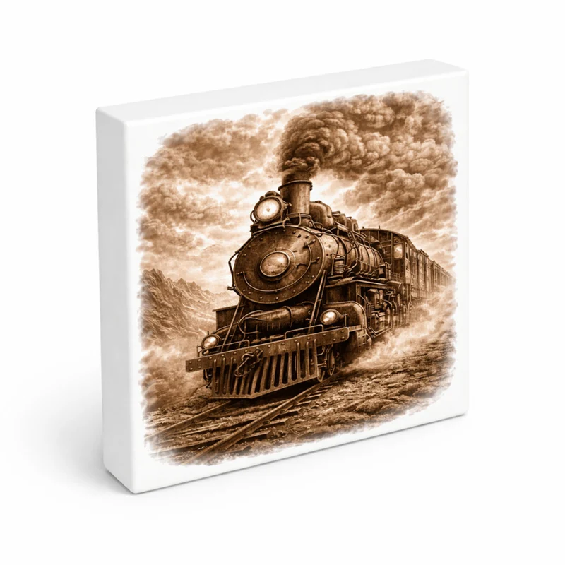 Vintage Energy Dampflok Holzbild in 10x10 cm zum Stellen oder Aufhängen