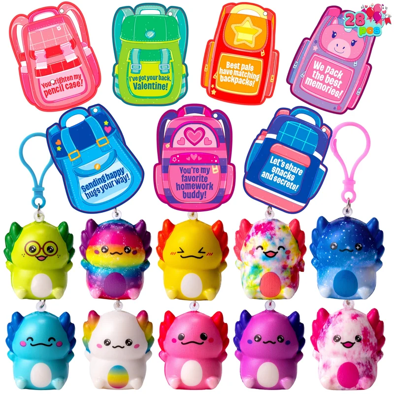 28 Pcs Valentine’s Day Axolotl Toys with Backpack Cards