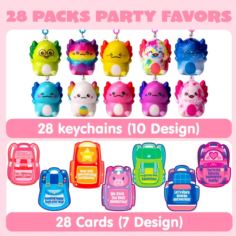 28 Pcs Valentine’s Day Axolotl Toys with Backpack Cards