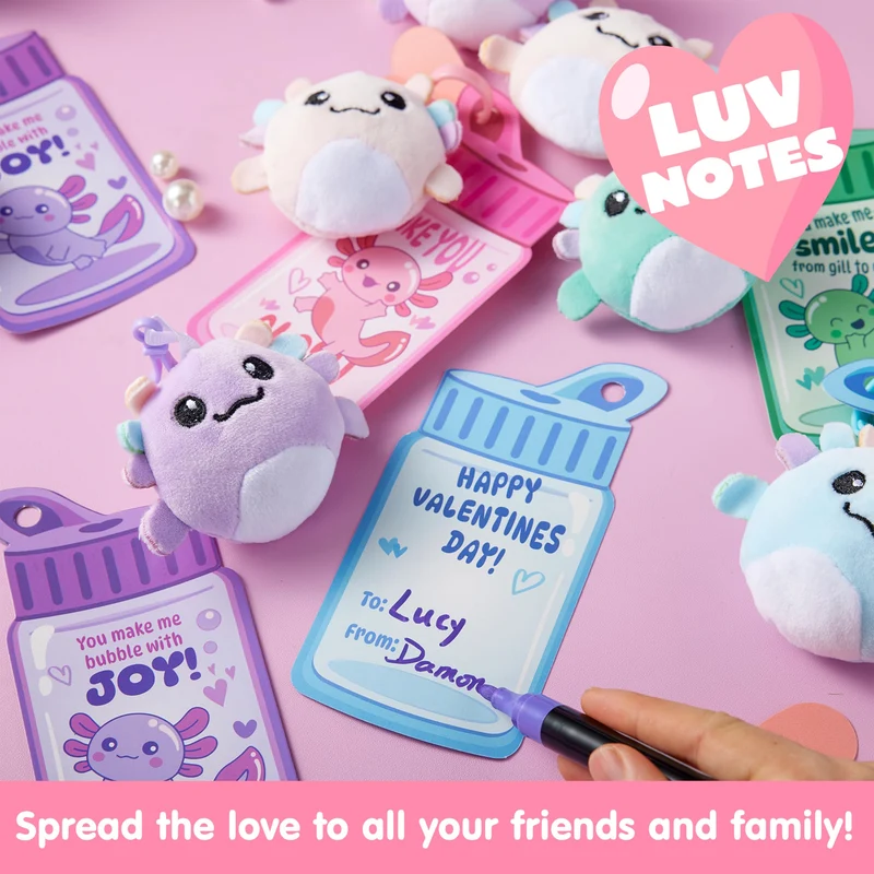 28 Pcs Kids Valentine's Day Cards with Axolotl Plush Toy Keychain