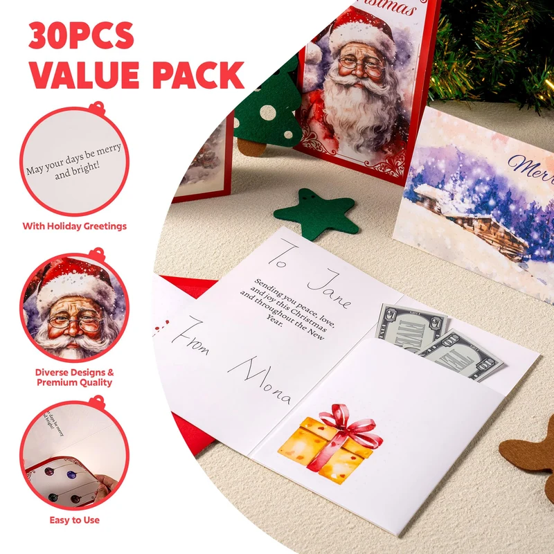 30 PCS Christmas Classic Money Cards with Envelopes