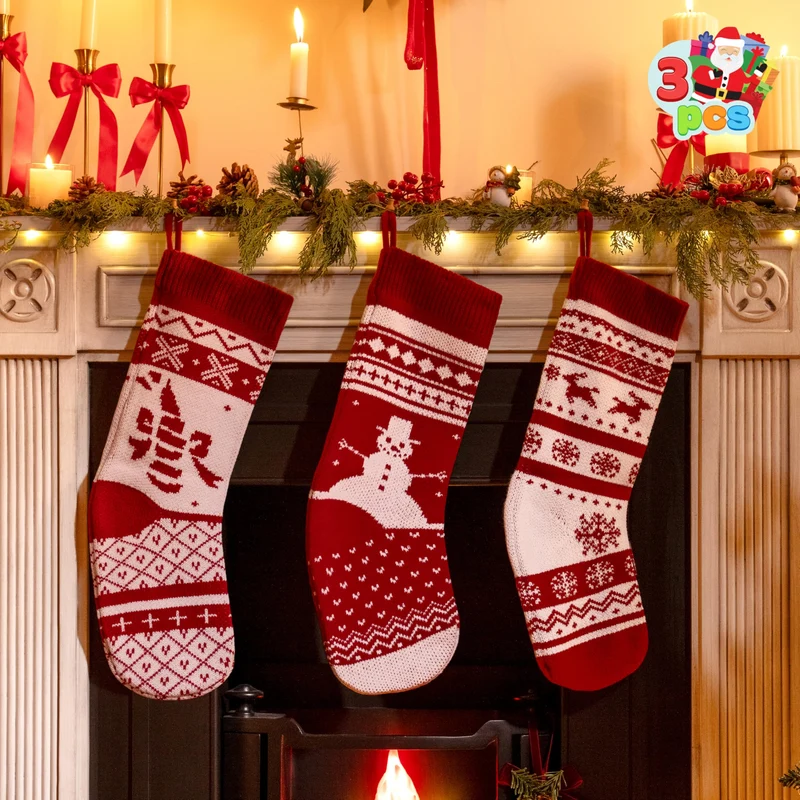 3 Pack 18" white classic Knit Christmas Stockings